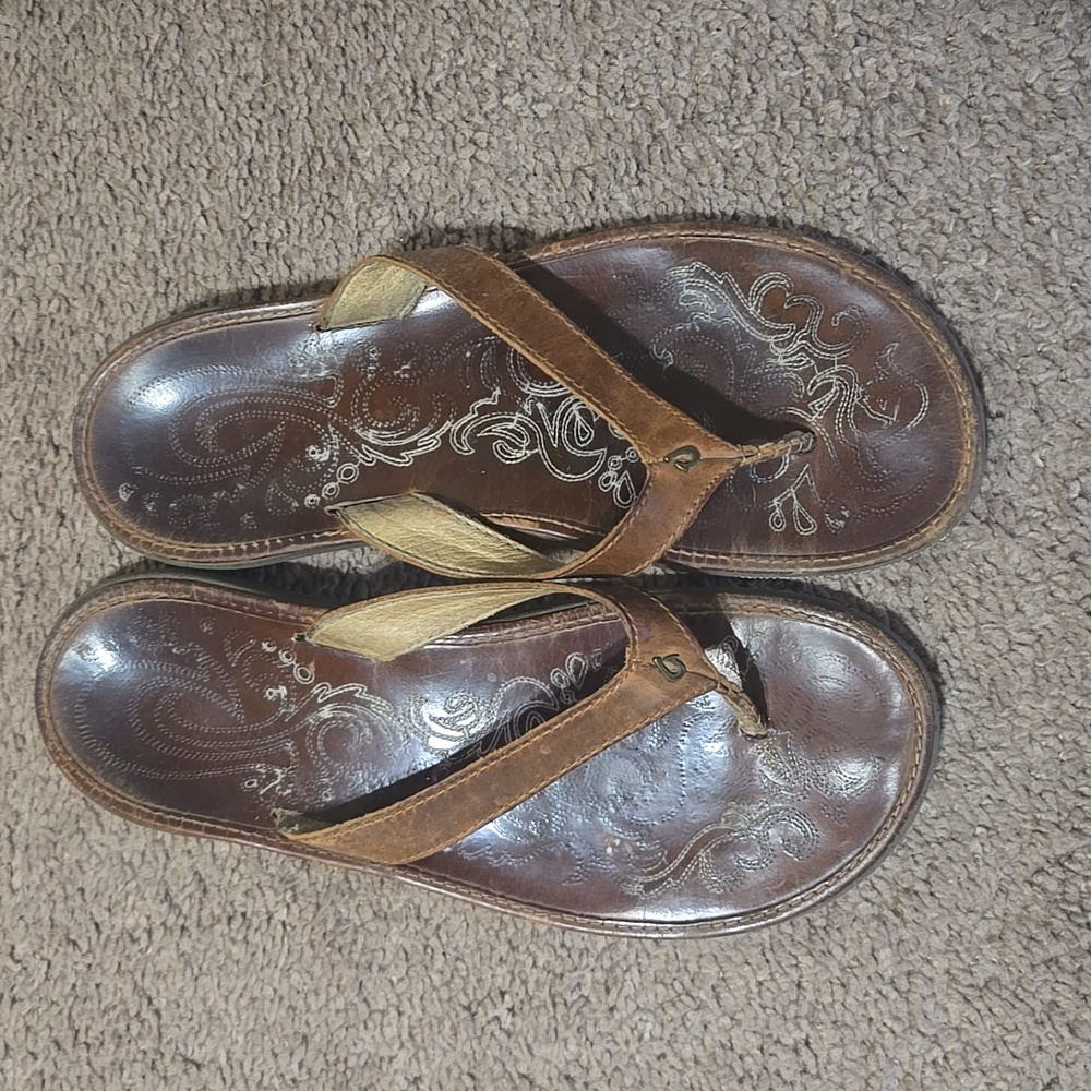 Olukai Brown Leather Flip Flops